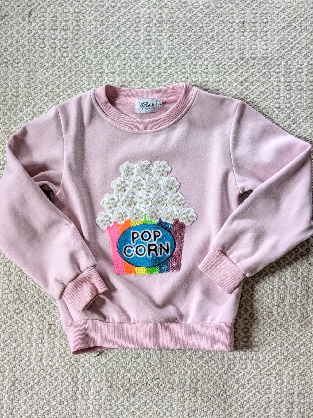 Lola And The Boys 8 Velour 3D Popcorn Sweatshirt Pink Sparkle Pearls Bedazzled